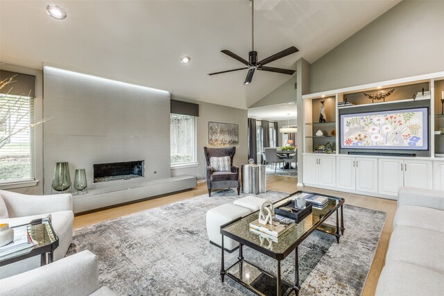 living room featuring a wealth of natural light, a fireplace, and light wood-type flooring