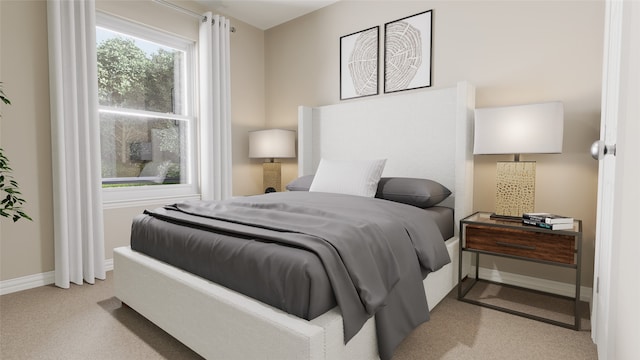 bedroom with light colored carpet