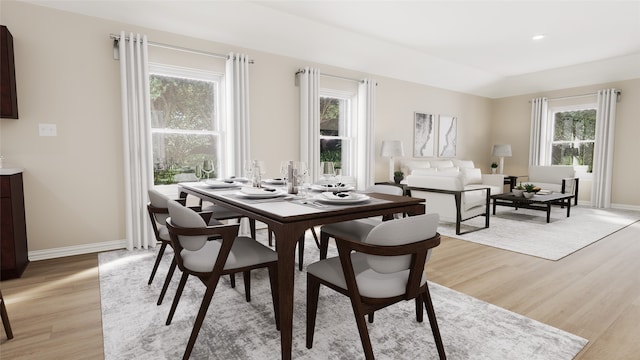 dining space featuring a healthy amount of sunlight and light hardwood / wood-style floors