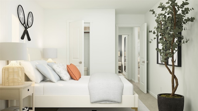 bedroom featuring light colored carpet