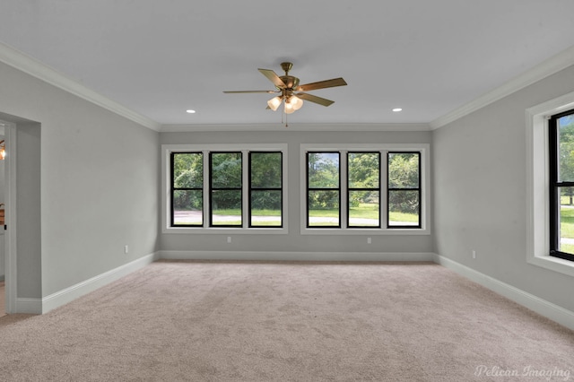 spare room with light colored carpet, ceiling fan, and crown molding