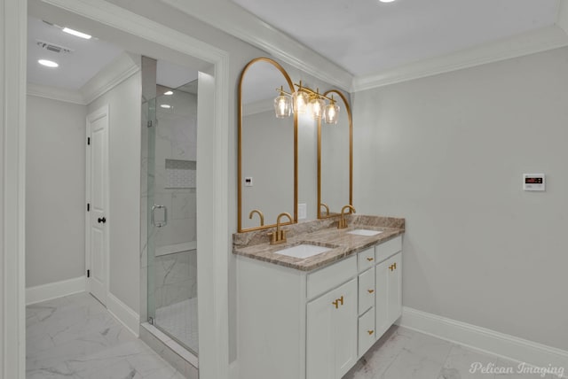 bathroom featuring crown molding, vanity, and walk in shower