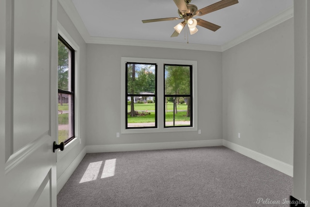 empty room with light carpet, plenty of natural light, and ornamental molding