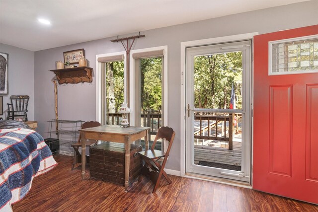 bedroom featuring dark hardwood / wood-style flooring and access to exterior