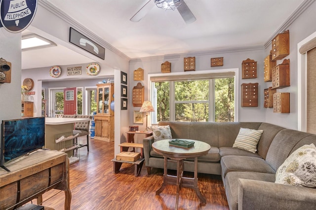 living room featuring ornamental molding, dark hardwood / wood-style floors, and ceiling fan