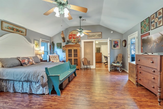 bedroom with vaulted ceiling, hardwood / wood-style floors, and ceiling fan