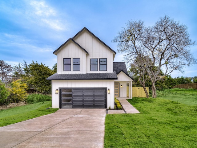 modern farmhouse style home featuring a garage and a front lawn