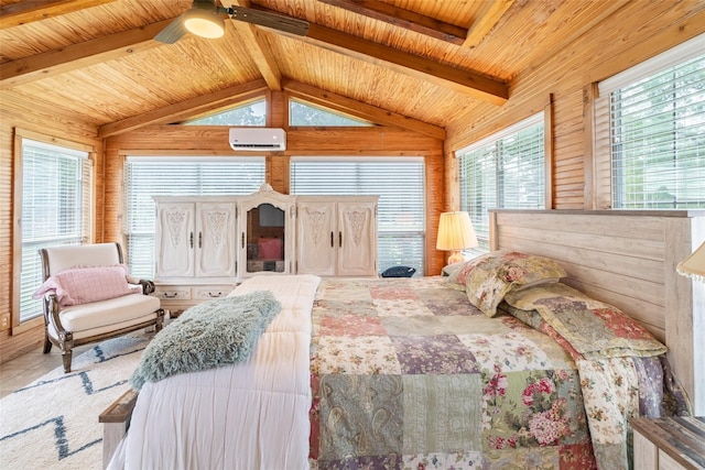 bedroom featuring wood ceiling, ceiling fan, lofted ceiling with beams, an AC wall unit, and wood walls