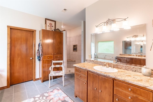 bathroom with vanity, separate shower and tub, and tile patterned flooring