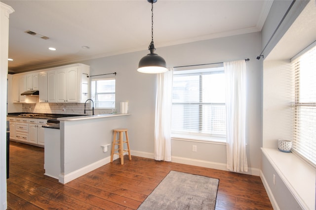 kitchen with white cabinetry, ornamental molding, kitchen peninsula, and pendant lighting