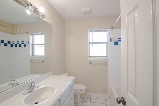 full bathroom with tile patterned flooring, vanity, plenty of natural light, and toilet