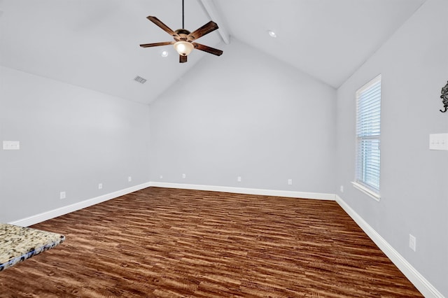 interior space with ceiling fan, lofted ceiling with beams, and dark hardwood / wood-style floors