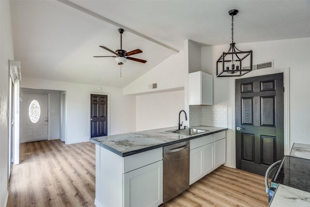 kitchen with white cabinets, light hardwood / wood-style flooring, dishwasher, and sink