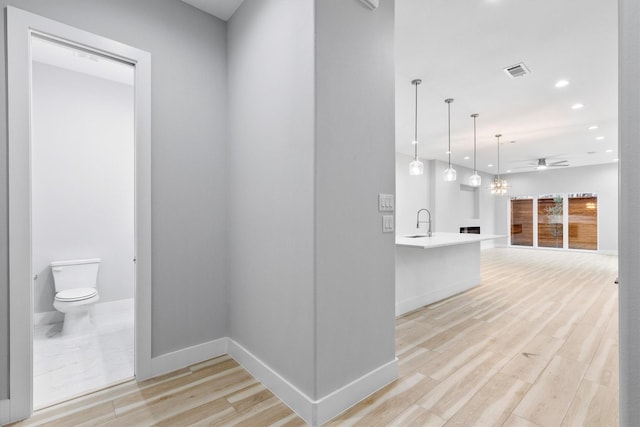 hall with sink and light hardwood / wood-style flooring