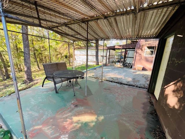 view of patio / terrace featuring a shed