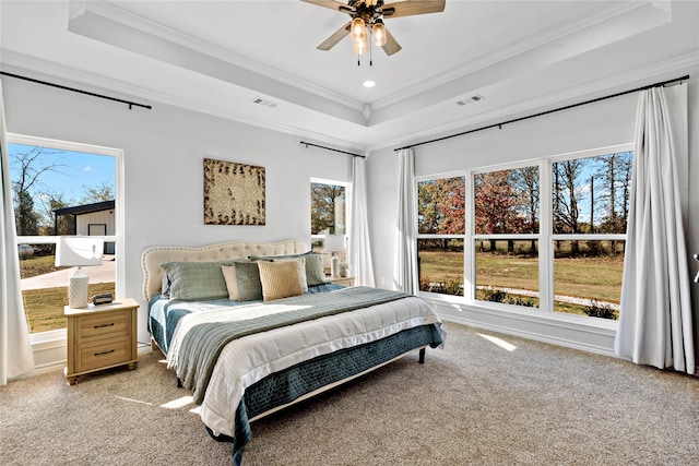 bedroom with crown molding, a tray ceiling, and multiple windows