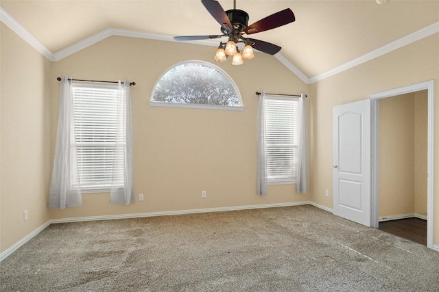 unfurnished room with ceiling fan, carpet, vaulted ceiling, and ornamental molding