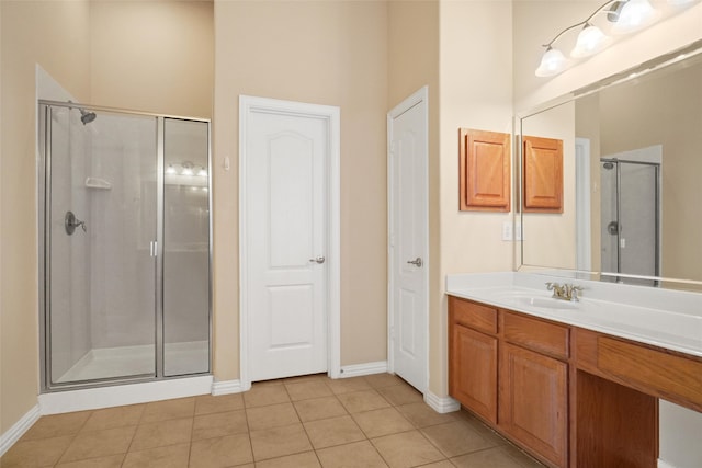 bathroom with tile patterned flooring, vanity, and a shower with shower door