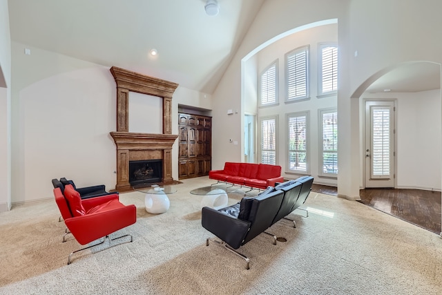 living room featuring a premium fireplace, hardwood / wood-style floors, and high vaulted ceiling