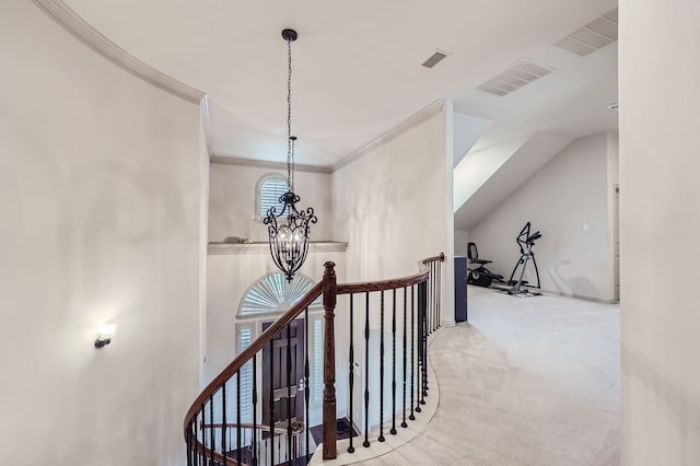 hall with a healthy amount of sunlight, carpet floors, ornamental molding, and an inviting chandelier