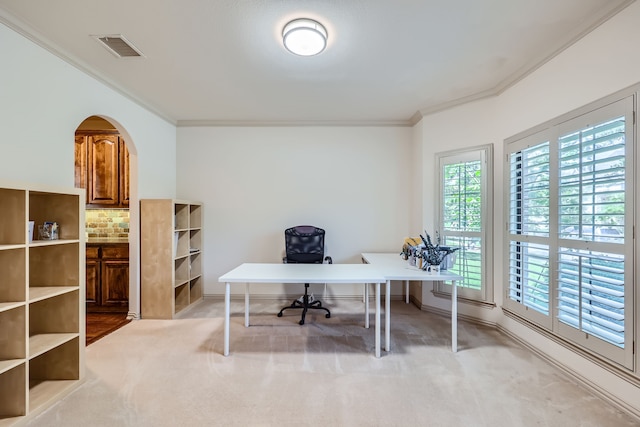 office featuring crown molding and light colored carpet