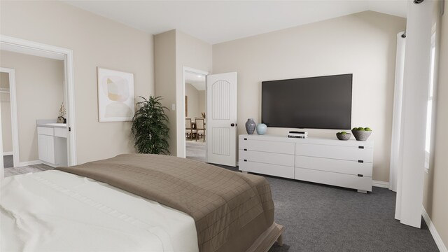 carpeted bedroom featuring lofted ceiling