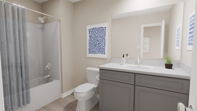 full bathroom featuring shower / tub combo, vanity, toilet, and wood-type flooring