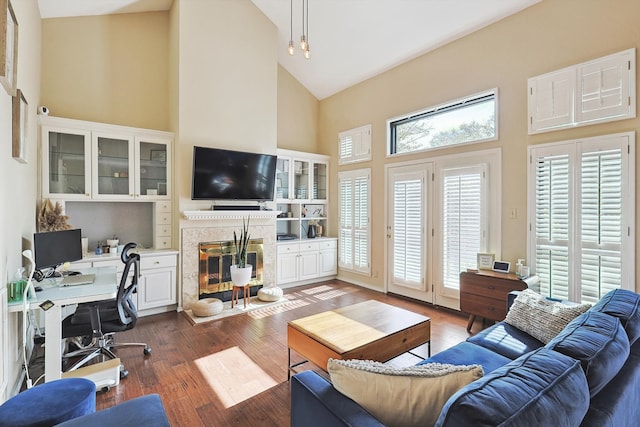 living room with a premium fireplace, high vaulted ceiling, and dark hardwood / wood-style floors