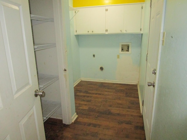 clothes washing area with cabinets, hookup for a washing machine, electric dryer hookup, and dark wood-type flooring