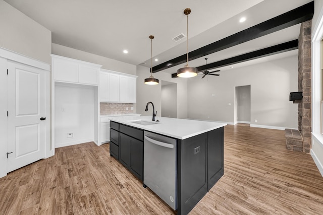 kitchen with sink, hanging light fixtures, a center island with sink, dishwasher, and white cabinets