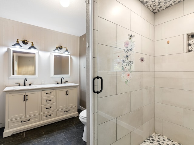 bathroom with vanity, toilet, and a shower with shower door