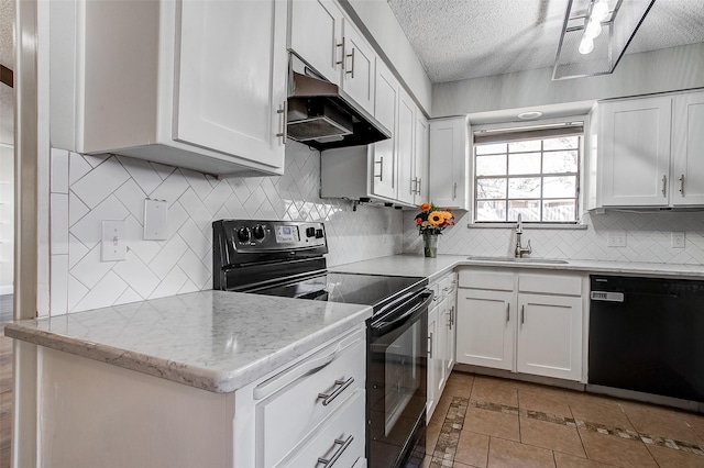 kitchen featuring black appliances, sink, a textured ceiling, tasteful backsplash, and white cabinetry