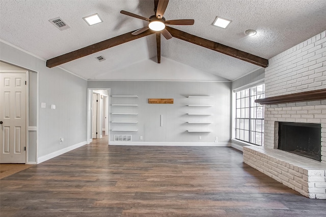 unfurnished living room featuring a fireplace, a textured ceiling, dark hardwood / wood-style flooring, and ceiling fan