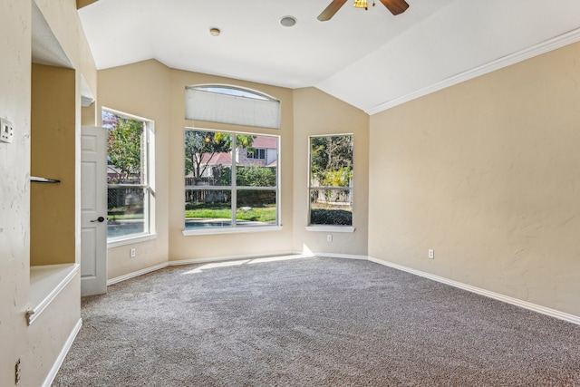 carpeted empty room featuring ceiling fan and lofted ceiling