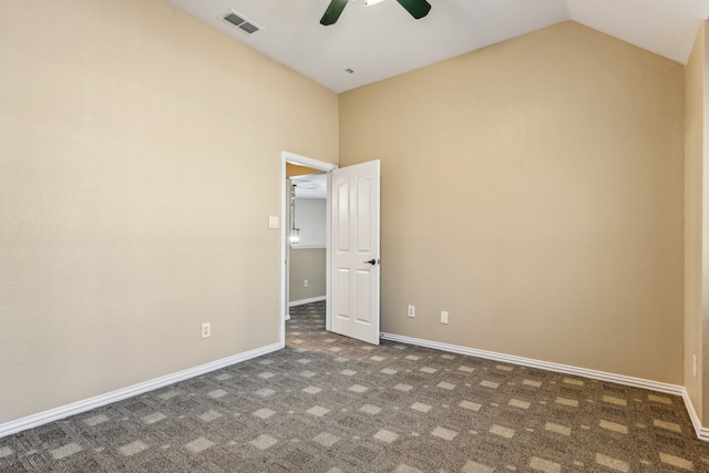 unfurnished room with carpet floors, ceiling fan, and lofted ceiling