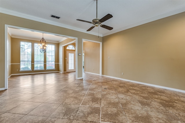 spare room featuring a textured ceiling, ceiling fan with notable chandelier, and crown molding