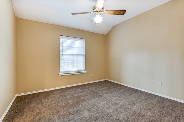 unfurnished room with ceiling fan, carpet, and lofted ceiling