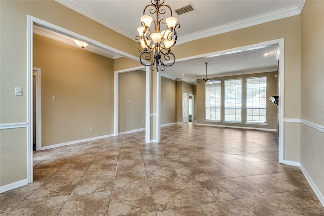 empty room with a textured ceiling, ceiling fan with notable chandelier, and crown molding