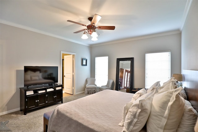 bedroom with light colored carpet, ceiling fan, and ornamental molding