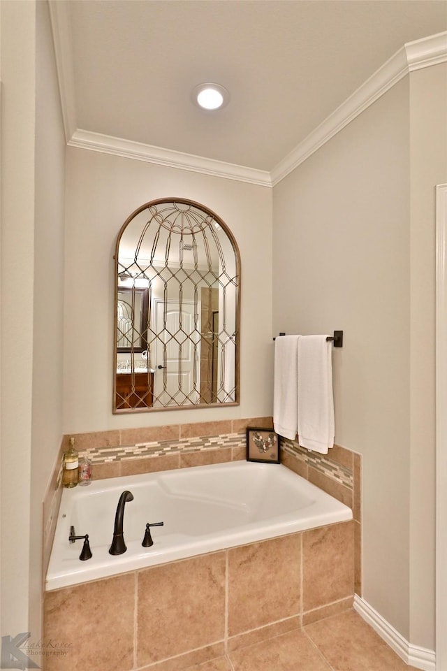 bathroom with a relaxing tiled tub, tile patterned floors, and crown molding