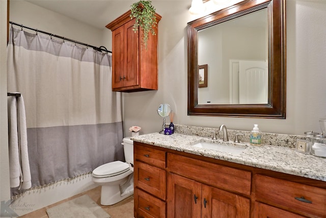 full bathroom featuring tile patterned flooring, vanity, shower / bath combination with curtain, and toilet