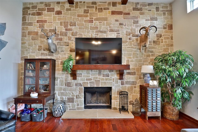 living room featuring a stone fireplace and wood-type flooring