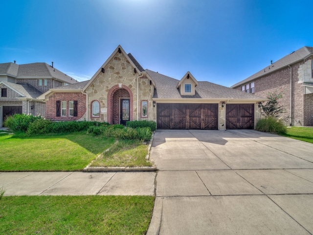 view of front of house featuring a garage and a front lawn