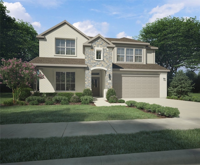 view of front of property with a garage and a front lawn