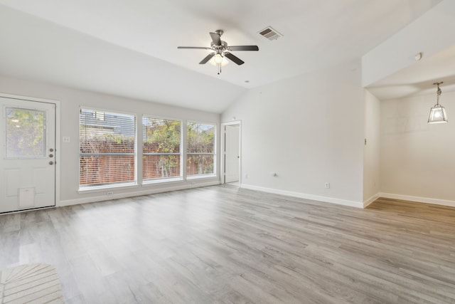 unfurnished living room featuring light wood-type flooring, ceiling fan, and lofted ceiling