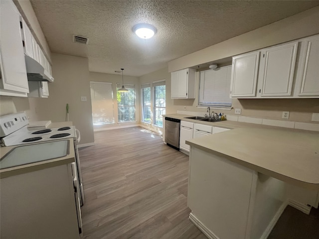 kitchen featuring dishwasher, white cabinets, light hardwood / wood-style floors, and decorative light fixtures