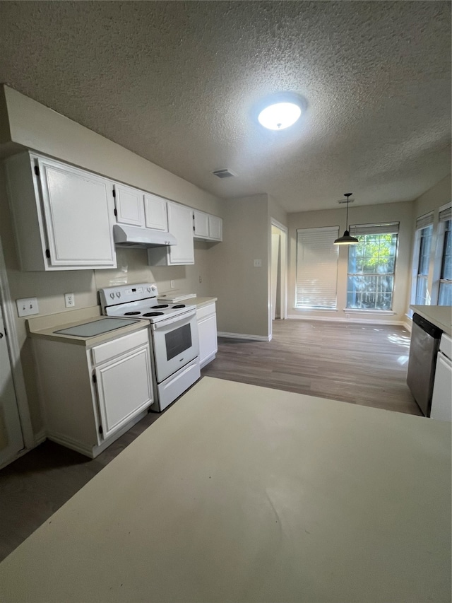 kitchen featuring dishwasher, decorative light fixtures, white cabinetry, and white electric stove