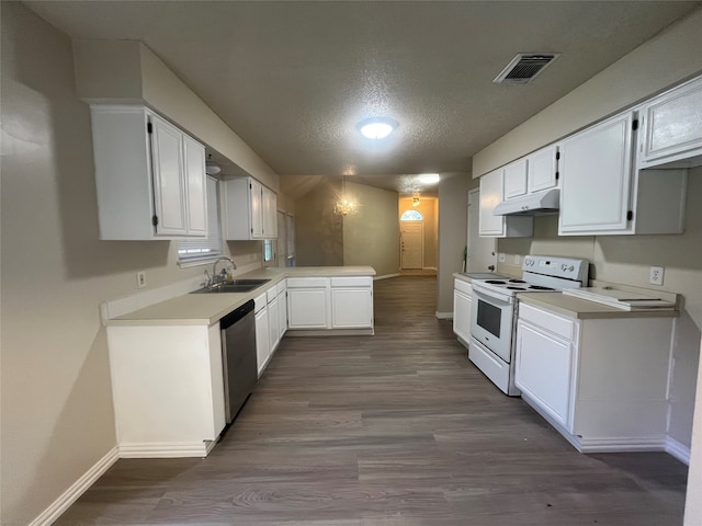 kitchen with white cabinets and white range with electric stovetop