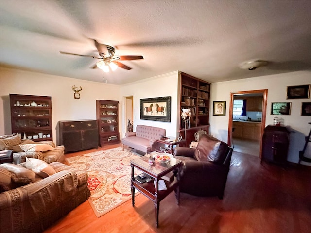 living room featuring hardwood / wood-style floors, a textured ceiling, and ceiling fan