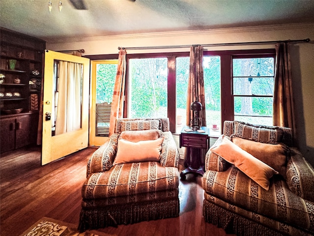 sitting room featuring wood-type flooring, a textured ceiling, and a wealth of natural light